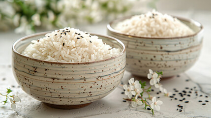 Two white bowls of plain rice isolated on white