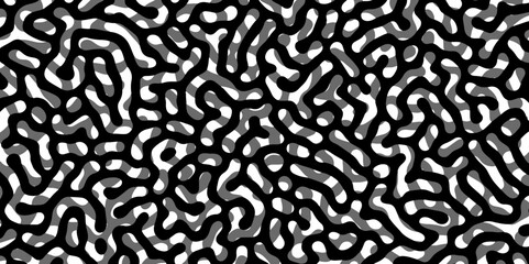 Abstract Turing organic wallpaper with background. Turing reaction diffusion monochrome seamless pattern with chaotic motion. Natural seamless line pattern. Linear design with biological shapes.