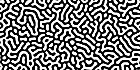 Abstract Turing organic wallpaper with background. Turing reaction diffusion monochrome seamless pattern with chaotic motion. Natural seamless line pattern. Linear design with biological shapes.