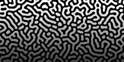 Abstract Turing organic wallpaper with background. Turing reaction diffusion monochrome seamless pattern with chaotic motion. Natural seamless line pattern. Linear design with biological shapes.