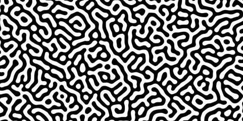 Abstract Turing organic wallpaper with background. Turing reaction diffusion monochrome seamless pattern with chaotic motion. Natural seamless line pattern. Linear design with biological shapes.
