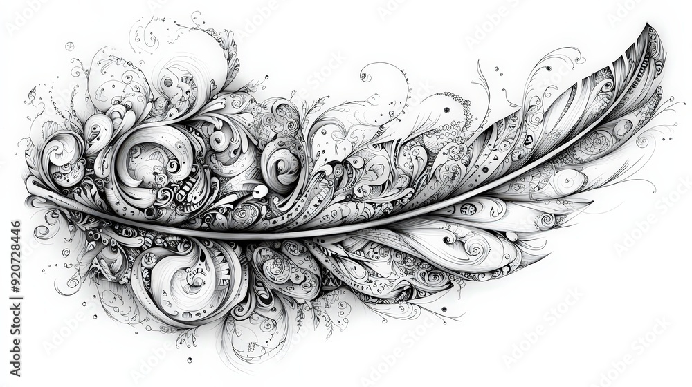 Poster a detailed feather illustration filled with swirling patterns and floral motifs demonstrating a uniq