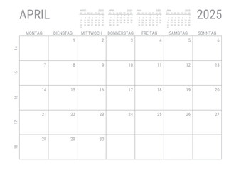 Monat Kalender April 2025 Monatskalender Kalenderblatt Kalendarium mit Kalenderwoche Planer DIN A4 Deutsch	