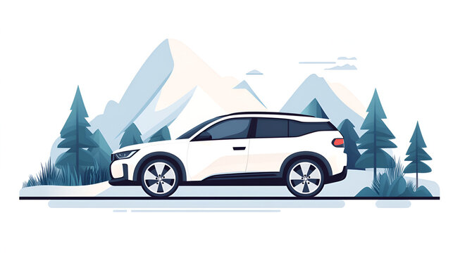 white car driving in snowy mountain scene clip art preview