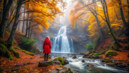 Obraz premium Autumn forest with misty waterfall and woman in red raincoat