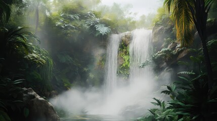 Serene Cascading Waterfall Hidden Among Vibrant Tropical Forest