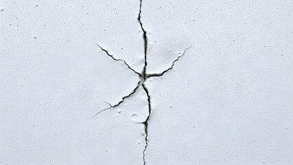 Textured background photograph of a white concrete wall. In the center is a large impact crack from being hit by a fist. Generative AI