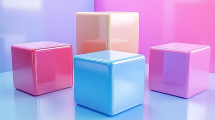 Obraz premium Colorful, glossy 3D cubes in pink, blue, and pastel hues arranged in a vibrant, modern setting ideal for backgrounds, tech-related visuals, and creative design projects,