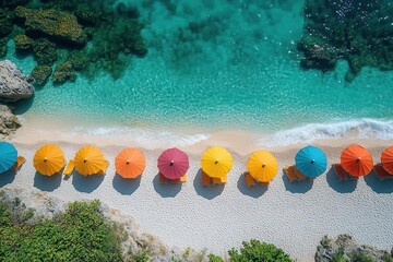Obraz premium aerial view of vibrant beach umbrellas dotting pristine white sand turquoise waters idyllic tropical coastline