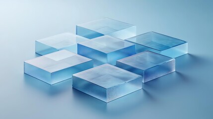 Fototapeta premium A group of transparent blue rectangular blocks arranged on a smooth blue surface, ideal for backgrounds or themes related to technology, simplicity, and modern design,