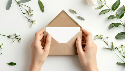 Obraz premium Womans hands holding kraft envelope with blank