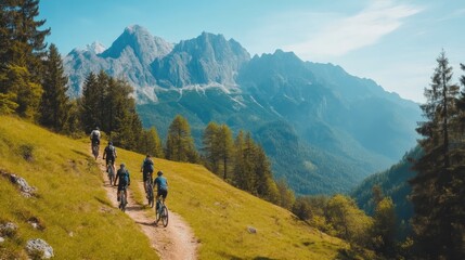 Obraz premium Group of Bikers Tackling Difficult Terrain in High Altitude