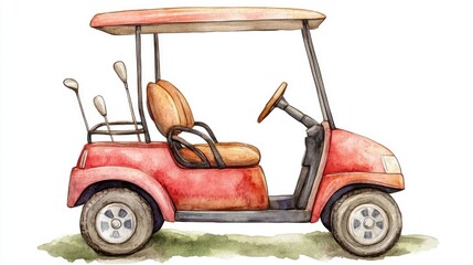 Cheerful and Whimsical Cartoon Golf Cart with Clubs in Colorful Watercolor Style Isolated on White Background