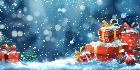 Christmas card with gifts, gift raped in red, gifts with blur background , wallpaper for Christmas, 