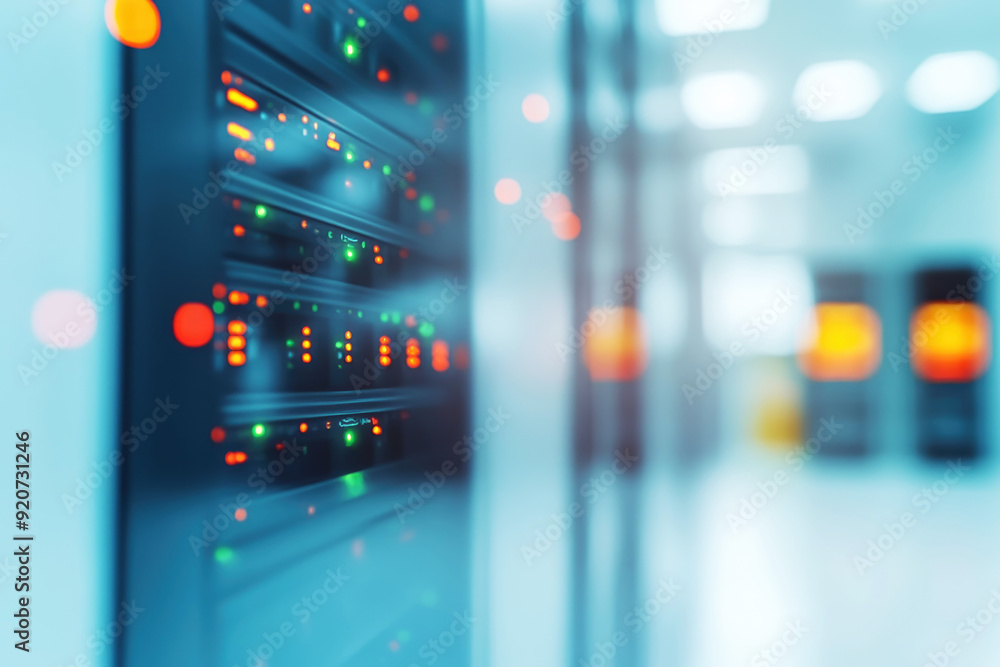 Poster a close-up view of a server rack with colored led lights and blurred background, signifying data pro