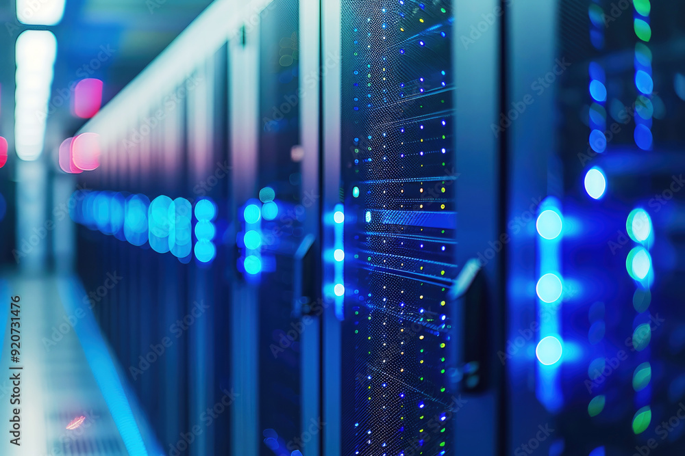 Poster illuminated blue server racks in a data center, representing advanced technology, data storage, and 