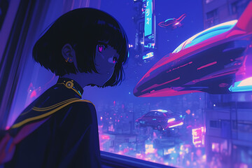 Obraz premium Lofi futuristic girl looks out the window at flying cars in a neon-lit city, reflecting on a cyberpunk future. 