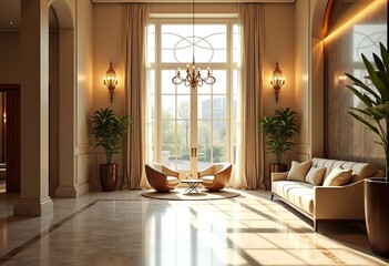 Fototapeta premium Sunlit Modern Hotel Lobby: Spacious, Luxurious Interior Design for Commercial Photography