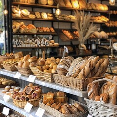Delicious breads in a bakery, different types of breads on the shelves of the bakery