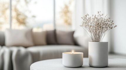 A cozy and minimalist living room showcasing a small candle and vase with dried flowers on a table. Soft light filters through the window.