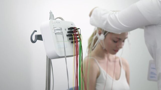  A doctor places EEG sensors on a young patient's head for brain testing in a medical center. Ideal for showcasing advanced diagnostics and professional healthcare settings.