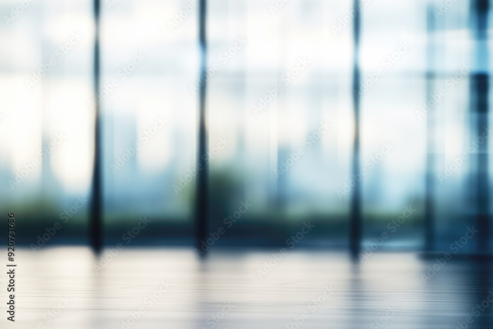 Poster an abstract blurred image of a modern building, emphasizing its tall windows and sleek design, with 