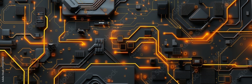 Poster a graphical close-up image of a circuit board with a dark background and golden lines, illustrating 