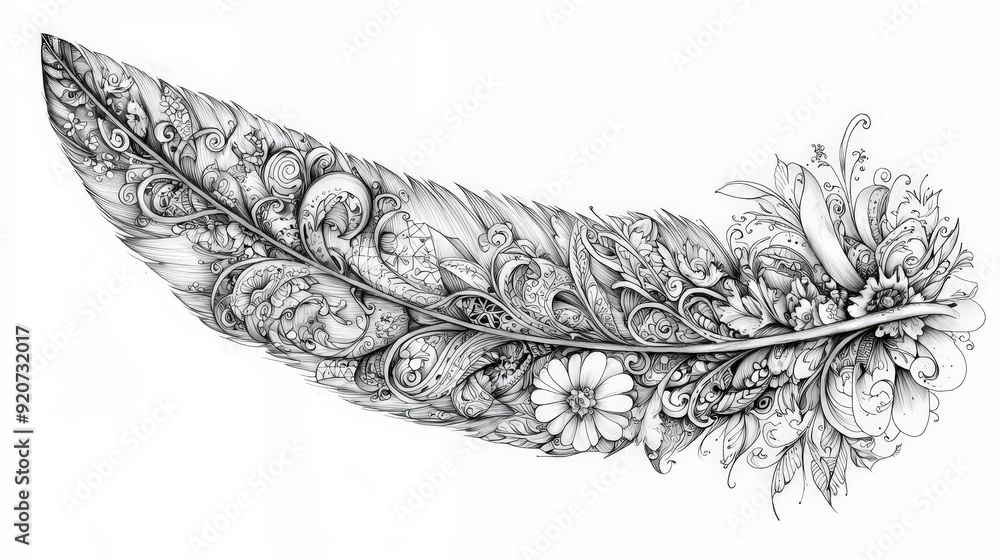 Aufkleber an elaborate feather design blends natural elements with intricate floral patterns and swirling line