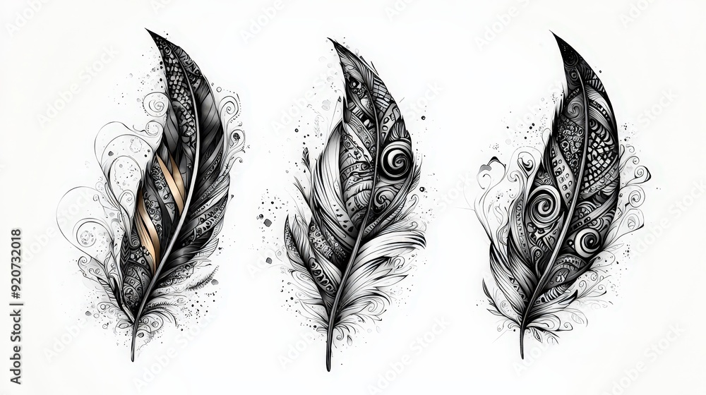 Poster three beautifully designed feather illustrations showcase detailed patterns and swirling elements, p