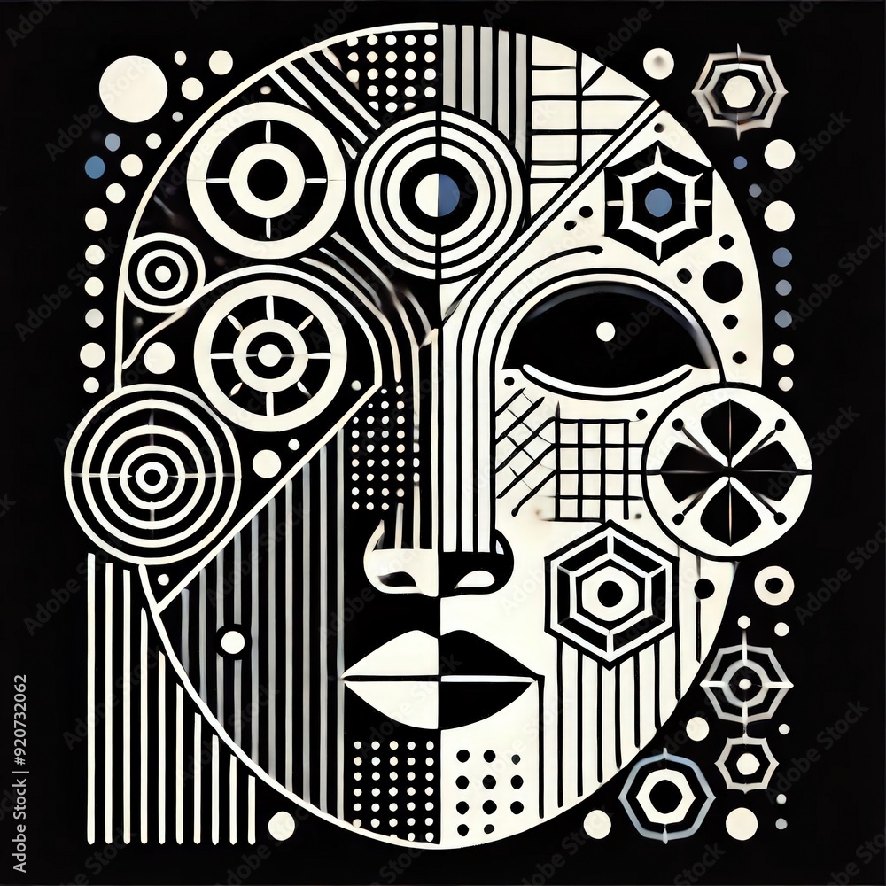 Poster A unique artwork showcases a stylized face composed of geometric shapes and patterns against a black backdrop, blending art and abstraction