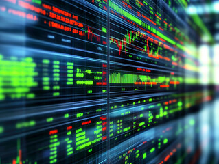 Naklejka premium A dynamic display of stock market data with fluctuating numbers and graphs, visually representing the world of finance and market analysis.