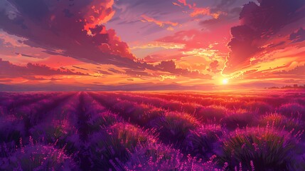 Fototapeta premium A digital artwork of lavender fields under a setting sun, with a vibrant orange and pink sky, detailed and vivid, capturing the picturesque beauty of sunset over the fields, hd quality, natural look .