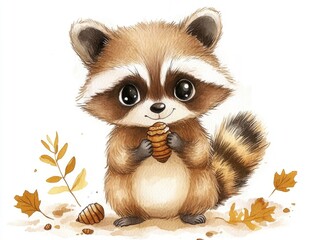 Adorable Chibi Raccoon Watercolor Collecting Acorns on White Background  Cute Woodland Animal Critter Gathering Nuts in Autumn Forest Scene