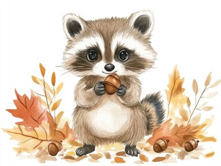 Adorable Chibi style Raccoon Character in Whimsical Watercolor Collecting Acorns on Isolated White Background  Cute Woodland Forest Animal Sketch Digital Art Graphic Design Element