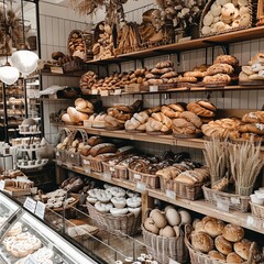 Delicious breads in a bakery, different types of breads on the shelves of the bakery