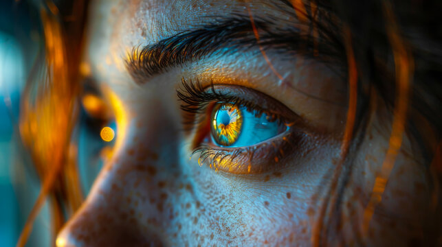 Close-up of a blue female eye with reflection of sunset light and digital screen. Beauty, business concept.