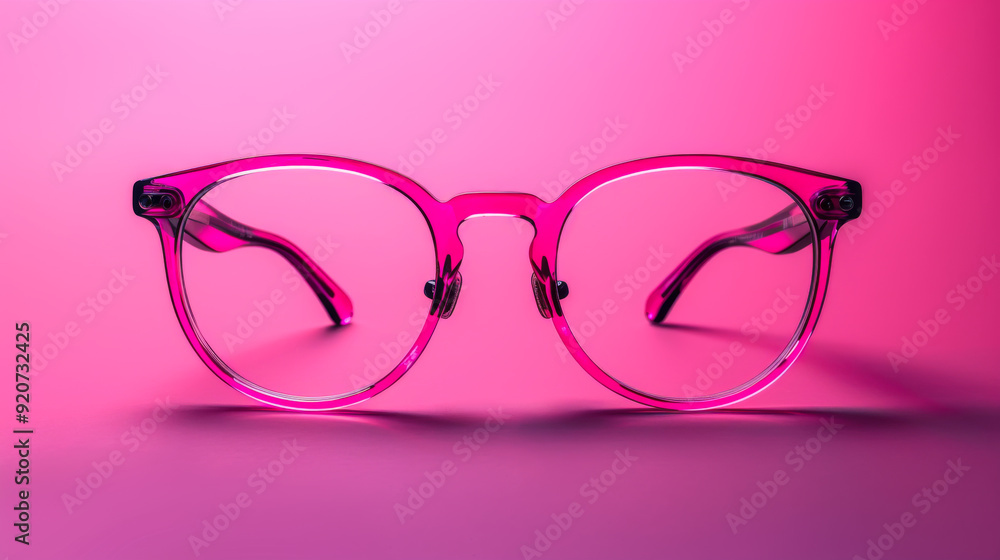 Wall mural close-up of a dark eyeglass frame on a bright pink background. copy space. design concept.