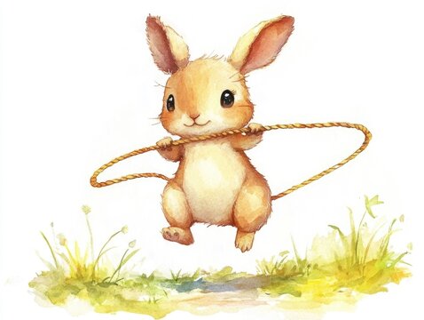 Cheerful and playful chibi style kangaroo character skipping with a jump rope in a whimsical watercolor on a clean white background  Energetic happy
