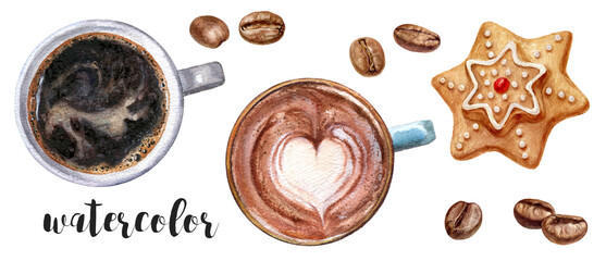 Realistic watercolor painting of top-view black coffee, cappuccino, and a festive Christmas cookie. Perfect for holiday, cafe, and culinary-themed designs.
