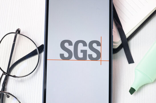 New York, USA - 1 August 2024: SGS Logo on Phone Screen, Company Icon on Display