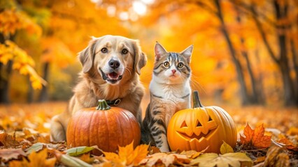 Happy cat and dog on autumn background with pumpkin