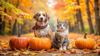 Happy cat and dog on autumn background with pumpkin
