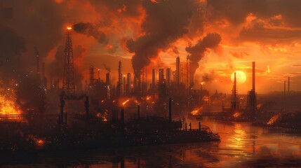 An industrial landscape dominated by towering coal smokestacks, oil rigs, and natural gas flares, with a dramatic sunset casting an orange glow over the scene