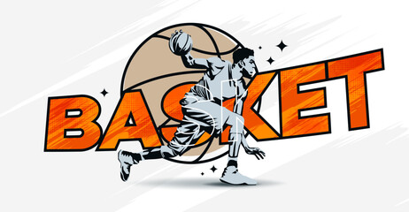 Illustration a basketball player in grunge style. Male basketball athlete dribbling the ball, this design has the concept of celebrating a basketball game. National sports day celebration