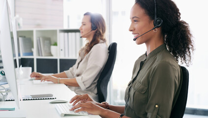 Women, smile or talk in callcenter for customer service, telemarketing or problem solving in office. Female consultant, advice or tech at desk for feedback, communication or technical support in city
