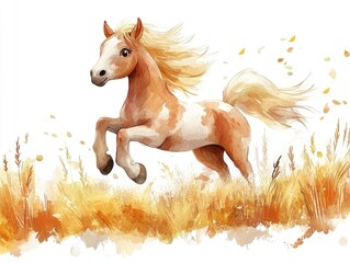 Charming Chibi Horse Galloping Across a Serene Watercolor Meadow with a Vibrant Colorful Background