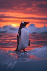 Fototapeta premium Penguin standing on icy landscape at sunset, serene and colorful sky, peaceful moment