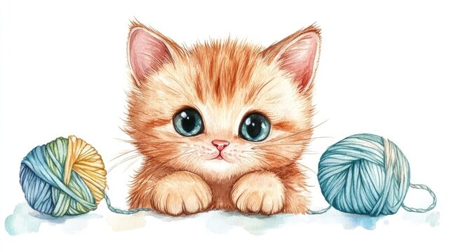 Adorable Chibi style Feline Happily Playing with a Ball of Yarn in a Captivating Watercolor Painting on a White Background  This Charming