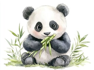 Adorable Chibi Panda Eating Bamboo Watercolor   Cute and Whimsical Animal Wildlife Art Painting on White Background