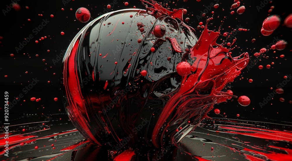 Poster this striking 3d abstract design features a deep black sphere splashed with vibrant red shades, conv
